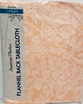 Flannel Back Vinyl Printed Tablecloth 60&quot;ROUND, WHITE FLOWERS ON ORANGE, AP - £11.66 GBP