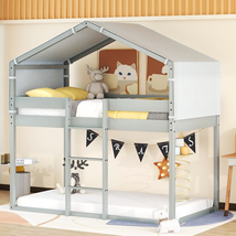 Twin Over Twin Bunk Bed Wood Bed with Tent, Gray  - £285.89 GBP