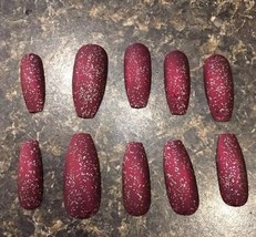 Burgundy matte glitter Long Coffin False Nails - $7.92