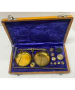 Antique Brass Jewelry Scale Velvet &amp; Wood Box Goldsmith Weight Balance i... - $14.85