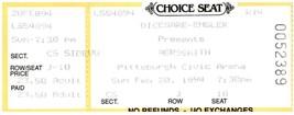 Vintage Aerosmith Ticket Stumpf Februar 20 1994 Pittsburgh Civic Arena - £30.62 GBP