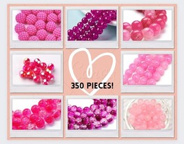 350 Glass Beads Gemstone Bulk Lot Pink 8mm 14mm  Jewelry Supplies Set Valentines - £23.88 GBP