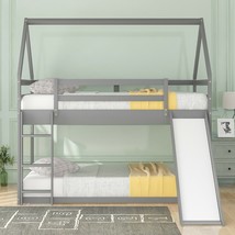 Twin Size Bunk House Bed with Slide and Ladder - Gray - £255.78 GBP