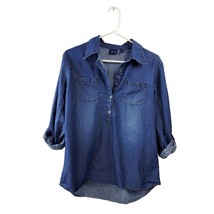 Westbound Shirt Womens Small Denim Long Roll Tab Sleeves Half Button 100% Cotton - £14.73 GBP