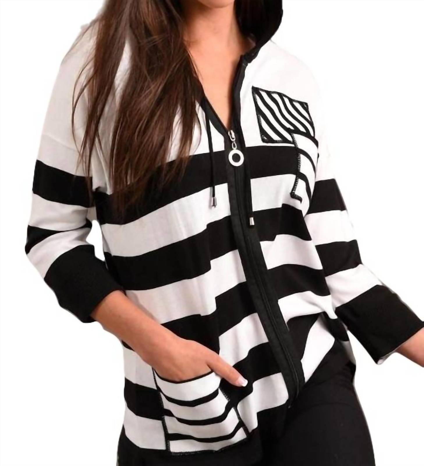 Angel multi stripe sleeve hooded cardigan in Black/Multi