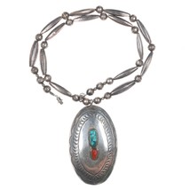 Vintage Navajo silver turquoise, and coral pendant beaded necklace - $242.55