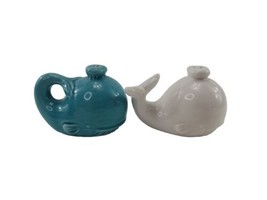 Stoneware Whale Salt &amp; Pepper Shakers Blue Turquoise White Cracker Barre... - £10.80 GBP