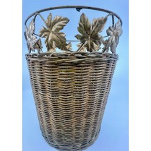 Vintage Wicker Basket Waste Trash Can Brass Metal Fall Leaves - £15.30 GBP