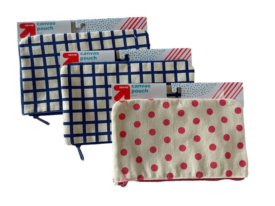 Up &amp; Up 10in x 6in Canvas Zip Pouch Lot Bundle Plaid Striped, Polka Dot - $9.50