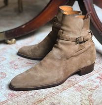 Handmade men&#39;s beige suede leather ankle strap boots US 5-15 - £120.63 GBP+