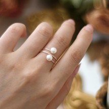925 Sterling Silver Natural Freshwater Double Pearl Ring Fashion Jewelry for Wom - £15.96 GBP