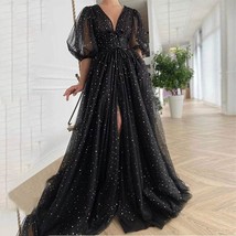 Beautiful New Black Starry Tulle Prom Dresses Sparkly V-Neck Half Puff S... - $335.99