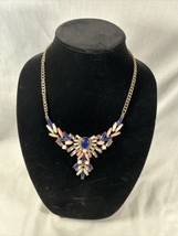 Vintage Prong Set Rhinestones Cabachon Pendant Blue Pink White Art Deco Necklace - £19.55 GBP