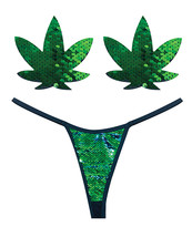 Neva Nude Naughty Knix Weed Leaf Sequin G-String &amp; Pasties - Green O/S - £24.61 GBP