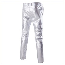 Men's Casual Silver Stage Performers PU Leather Front Zip Straight Slim Trousers image 2