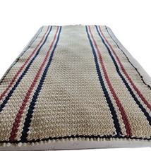 Handmade Crochet Striped Ivory Blue Dark Pink Striped Knit Blanket Throw - £39.10 GBP