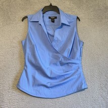 Express Blouse Womens Blue V-Neck Wrap Style Sleeveless Ruched Cotton Si... - $19.80