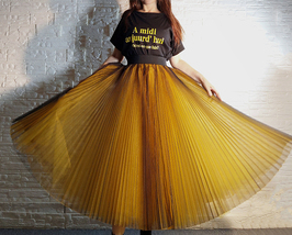Yellow Black A-Line Pleated Tulle Skirt Outfit Women Plus Size Tulle Midi Skirt image 4
