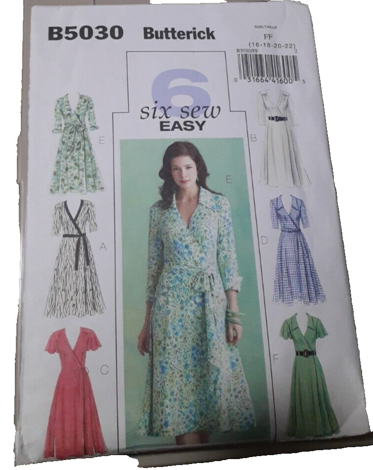 Butterick B5030 Six EASY Wrap Dresses w 3/4 or Flutter Sleeves Sz 16-22 UNCUT - $8.61