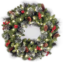 National Tree Pre-Lit Artificial Christmas Wreath 24&quot; Decorated Crestwoo... - $39.59