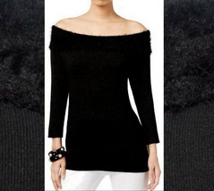 NY Collection Women Eyelash-Detail Off-The-Shoulder Glittery Black Sweat... - $19.99