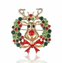 Stunning Diamonte Gold Plated Vintage Look Christmas Deer Wreath Brooch Pin B49B - £12.42 GBP