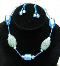 Vintage Blue Glass Bead Necklace With Earrings Pierced Dangle Beaded Set - £15.13 GBP