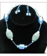 Vintage BLUE GLASS Bead Necklace with  EARRINGS Pierced Dangle Beaded Set - £14.93 GBP