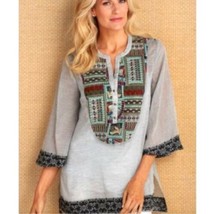 SOFT SURROUNDINGS Havana Grey Stripe Sheer Embroidered Tunic Top Size L - $23.38