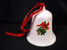 Pfaltzgraff CHRISTMAS 1992 bell Holly &amp; berries green rim red ribbon hanger - £7.10 GBP