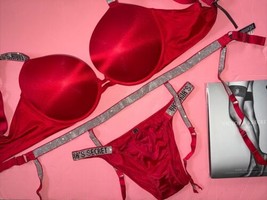 Victoria&#39;s Secret 32A,36DDD Bra Set+Garter+Panty Lipstick Red Shine Strap Silver - £94.66 GBP