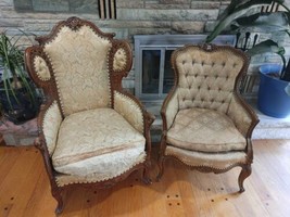 Vintage 20th Century Antique French Tufted Carved Wood Wingback Chairs Pair - £293.69 GBP