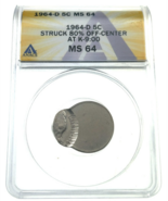 1964-D 5C Jefferson Nickel ANACS MS64 Error Struck 80% Off Center K-9:00 - $307.94 CAD