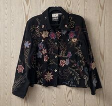 Yak Magik Jacket Black Floral Embellished silk Patchwork 100% Cotton Vtg... - $37.61