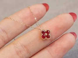 18k Solid Gold Natural Ruby Necklace / Lucky Charm 18k Gemstone Necklace - $436.00