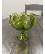 Viking Green Swung Glass Handkerchief Vase 5.75” x 6” Pedestal 6 Petal - $39.59