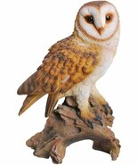 Realistic Common Barn Owl Perching On Tree Stump Statue With Glass Eyes 13.75"H - $83.99