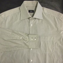 BOSS HUGO BOSS LONG SLEEVE DRESS SHIRT 16.5-42 WHITE BROWN STRIPED EUC T... - $15.63