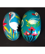 Lot 2 Handpainted Wood Egg Crane Stork Duck Bird Floral Teal Easter Pysanki - $19.79