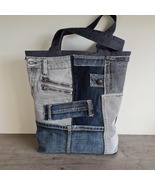 Denim XL Tote bag Patchwork style with pockets, X large Tote recycled Je... - $1,395.70 MXN