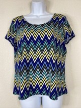 Notations Womens Size L Blue/Yellow Zigzag Striped Stretch Blouse Short Sleeve - £6.00 GBP