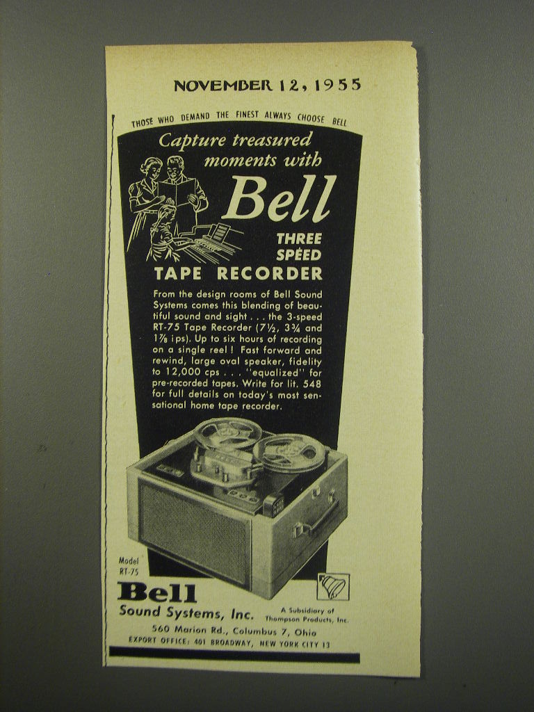 Primary image for 1955 Bell RT-75 Tape Recorder Ad - Capture treasured moments