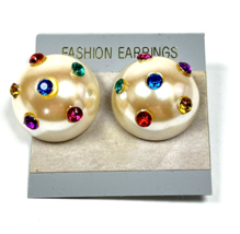 Multicolor Rhinestone Dome Earrings Pierced Round Button Stud Vintage 80s - £13.92 GBP