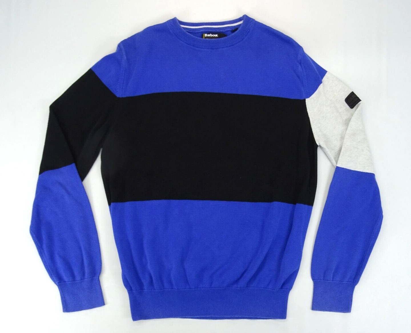 Primary image for Barbour Men's Sweater Size L Blue Striped Crew Neck 100% Cotton Color Block