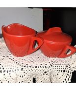 Vintage Red Ceramic Sugar Bowl and Creamer Set - $23.27