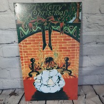 Vtg Tin Sign Merry Christmas Fireplace Girl in Pajamas Desperate Sign Co 1993 - £8.84 GBP
