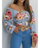 Women Sexy Off Shoulder Blouses Lantern Long Sleeve Lace Up Bow Cropped ... - $18.75