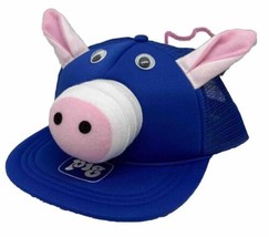 Vintage Pig Hat Cap Snap Back Blue Mesh Trucker Swine Features One Size Piggy - £15.54 GBP