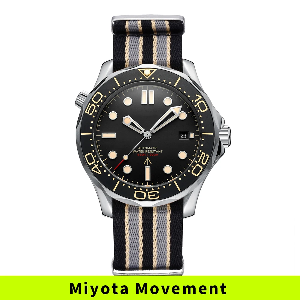 Unisex Watch PHYLIDA Black Dial PT5000 MIYOTA Automatic Watch DIVER 200M 007 NTT