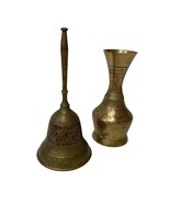 Brass Dinner Bell With Etched Flowers And Brass Vase Vintage Made In India - $354.47 MXN